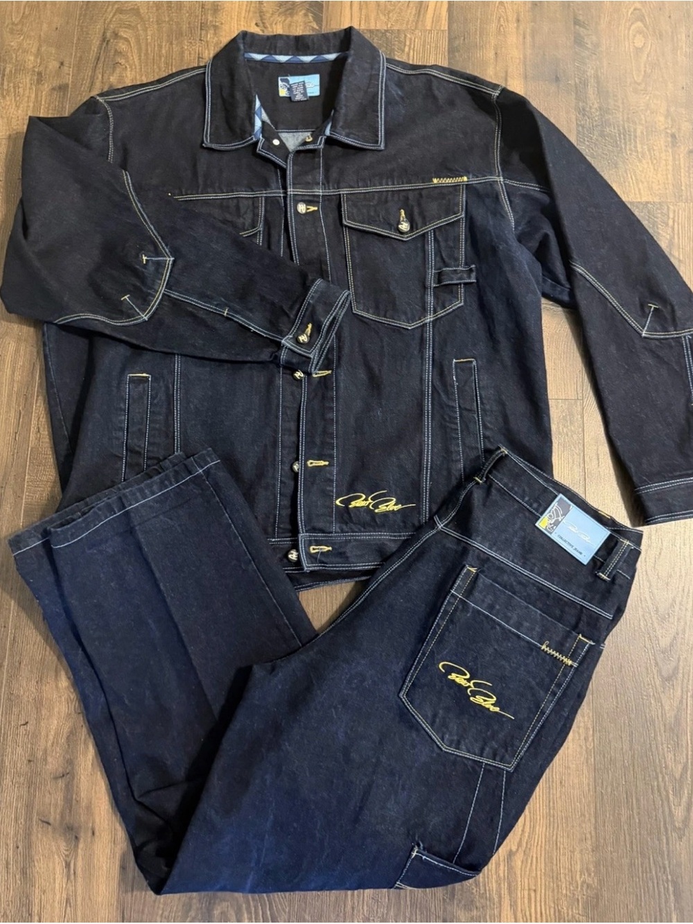 00’s Mens Y2K Raw Blue Baggy Denim Set Size 2XL Jacket 38x32 Jeans NYC Fashion